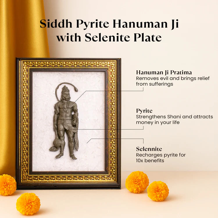 Pyrite 3D Hanuman Ji on Selenite Frame