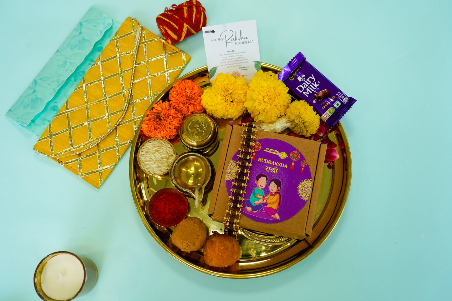 Vedicgood Gold Plated Rudraksha Rakhi Gift Hamper ( 5 Mukhi Rudraksha Rakhi, Thank You Card, Chocolate Treat)