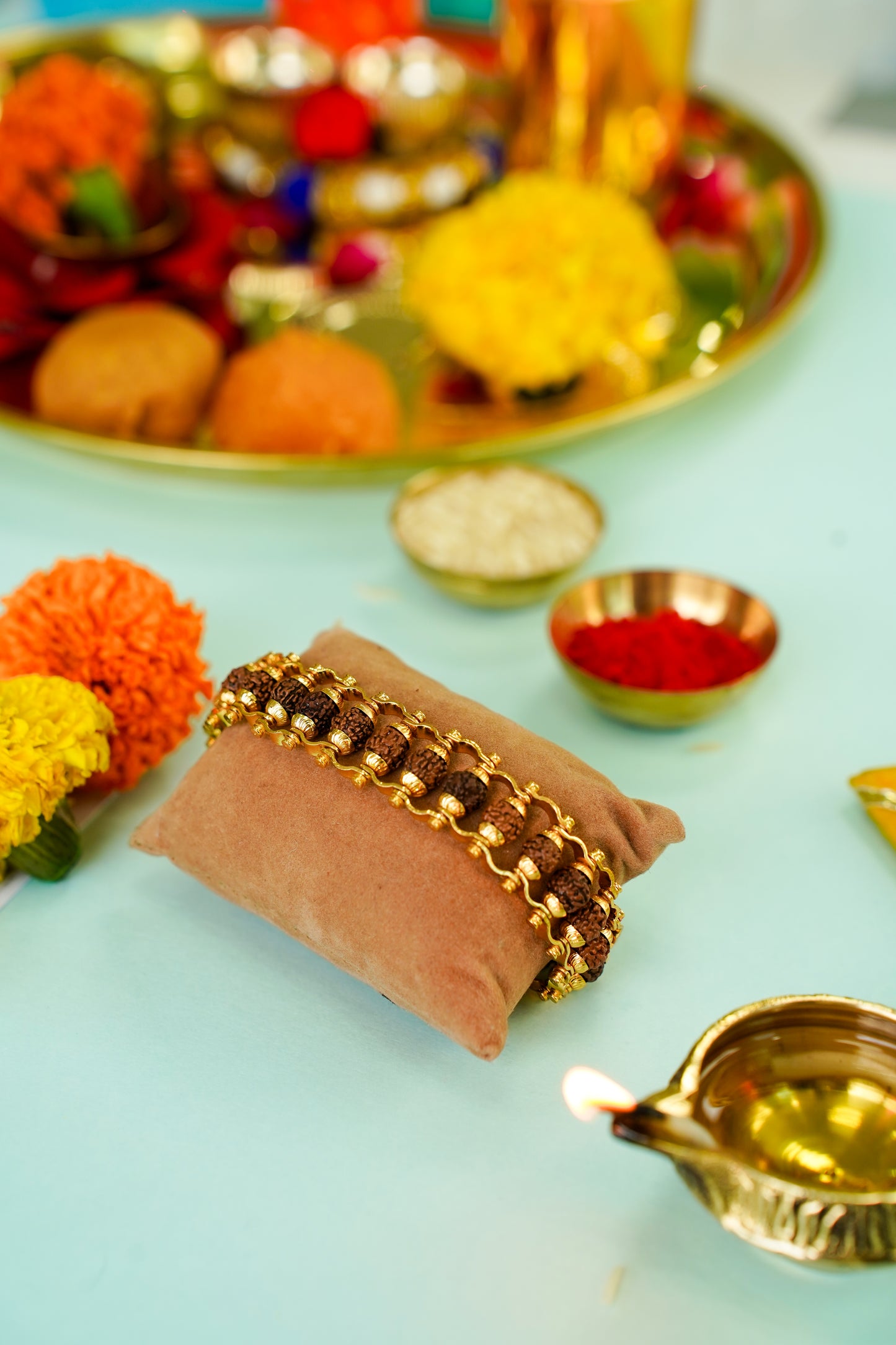 Vedicgood Gold Plated Rudraksha Rakhi Gift Hamper ( 5 Mukhi Rudraksha Rakhi, Thank You Card, Chocolate Treat)
