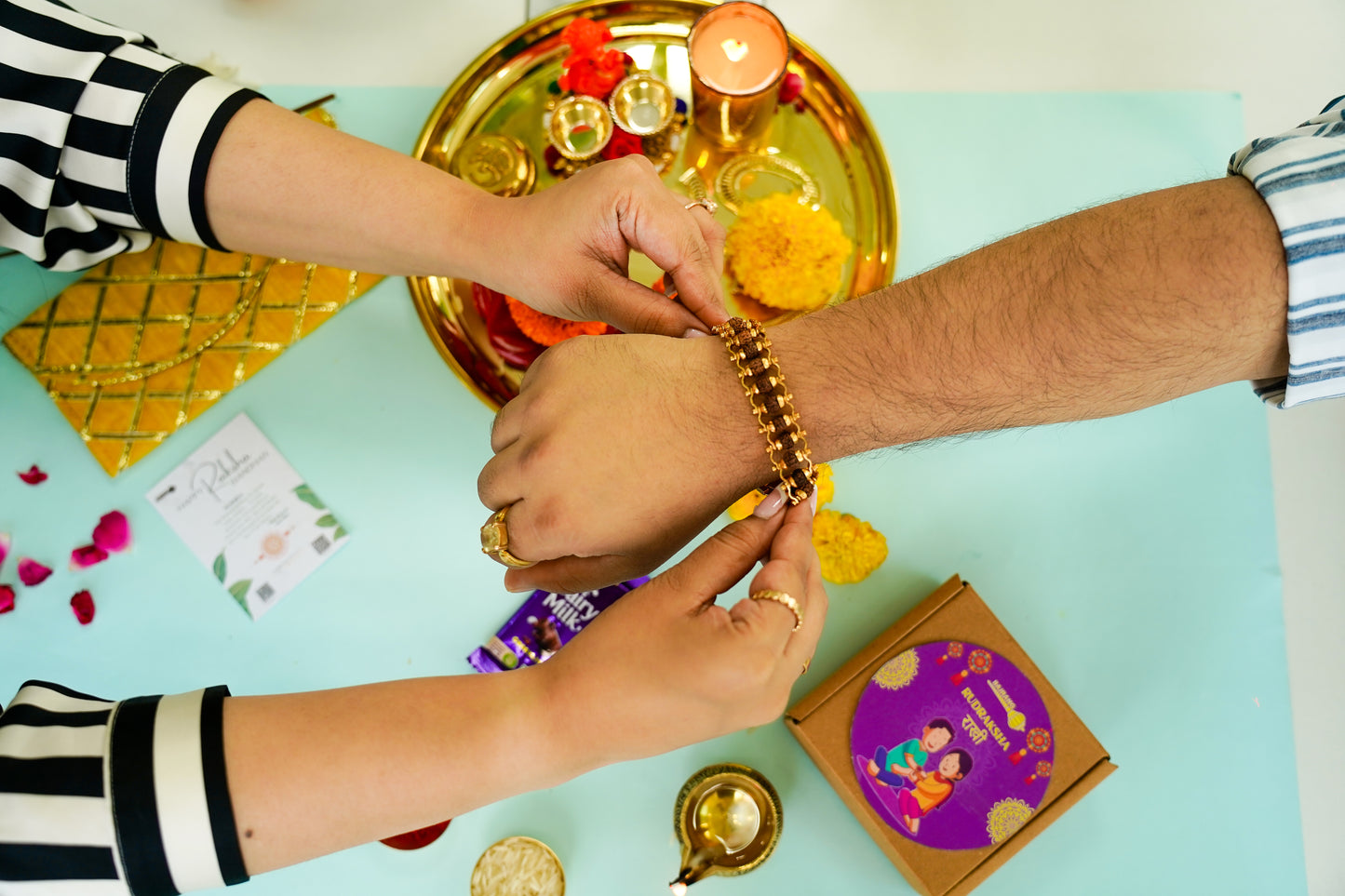 Vedicgood Gold Plated Rudraksha Rakhi Gift Hamper ( 5 Mukhi Rudraksha Rakhi, Thank You Card, Chocolate Treat)
