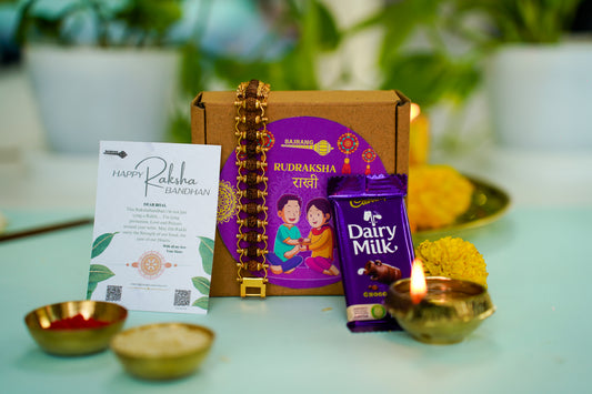 Vedicgood Gold Plated Rudraksha Rakhi Gift Hamper ( 5 Mukhi Rudraksha Rakhi, Thank You Card, Chocolate Treat)
